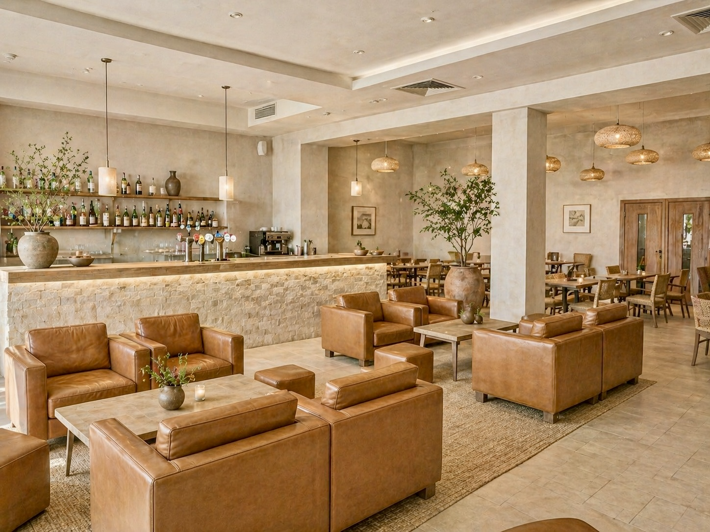 Ahara under the proposed direction — limewashed walls, a stone-clad bar front, woven pendant lights, and the same tan leather seating reframed in a calmer envelope.